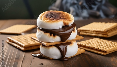 A gourmet s'mores dessert with toasted marshmallows, melted chocolate, and graham crackers, artfully assembled