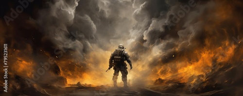 Artistic depiction of a soldier emerging from billowing smoke, set against a dramatic, dark background, capturing a moment of intensity and mystery
