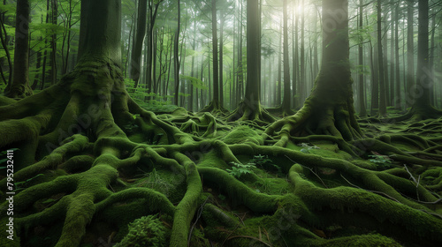 Mystical Foggy Forest with Lush Green Moss and Twisted Tree Roots 1