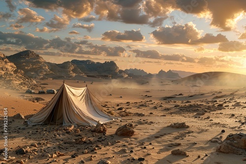 Beduine tent encampment in a desert environment.