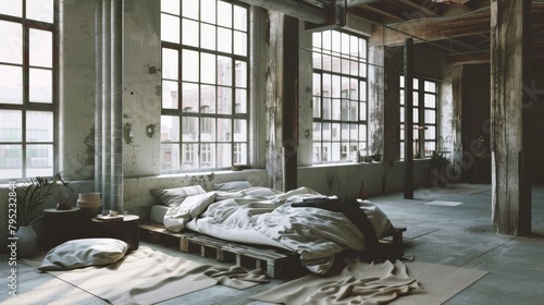 Sunlit industrial loft bedroom with large windows and exposed beams