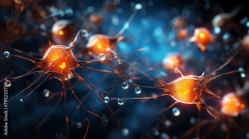 Closeup of a digital model of a motor neuron, highlighting synaptic connections and neurotransmitter activity, set in a neurological research environment