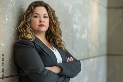 A curly-haired executive woman poses firmly in a business suit, showcasing confidence and authority