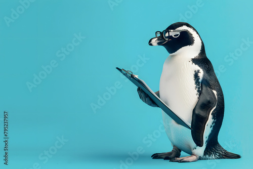 A poised penguin as a public relations manager, with a clipboard and wearing glasses, set against a media relations icy blue background, exemplifying professionalism and cool under pressure