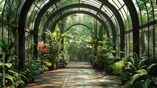 A long, narrow greenhouse filled with plants and trees