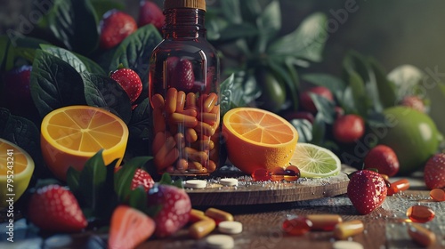 a bottle of pills and fruits