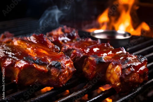 delicious tasty american style pork ribs with bbq sauce on the grill