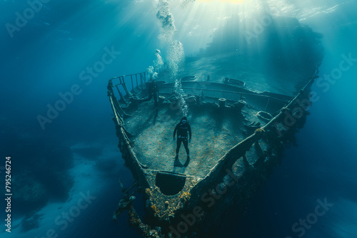 Adventurous couple exploring a mysterious underwater shipwreck