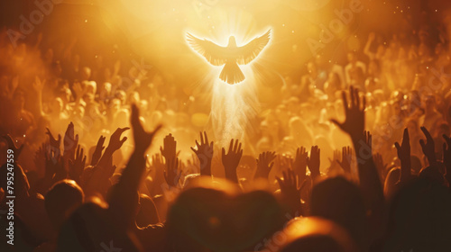 silhouette of the holy spirit in the form of a bird of peace in the sun's rays, people pray with their hands raised up