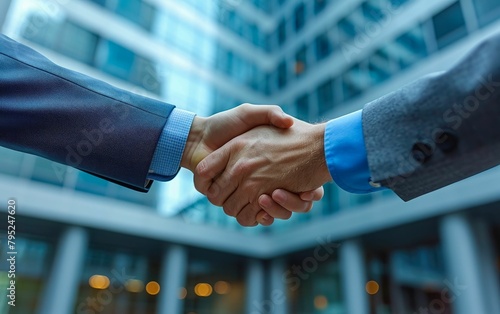 a photo of a professional handshake in front of a corporate building, symbolizing a successful deal
