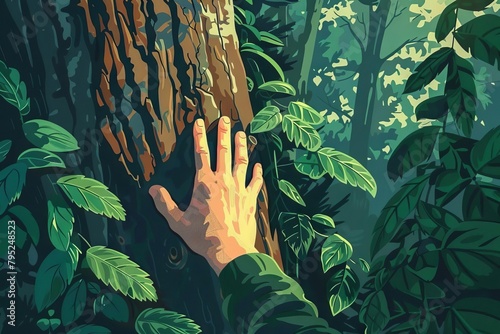 person gently touching tree bark connecting with nature in lush forest concept illustration