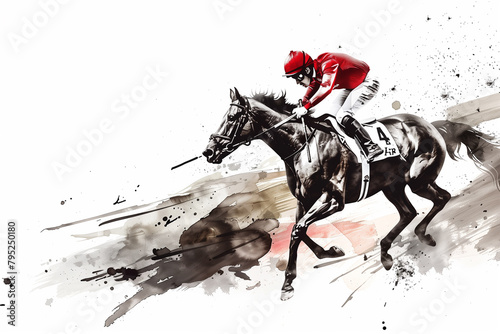 Horse racing, Watercolor illustration of a jockey riding a horse isolated on a white background