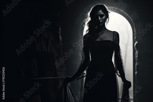 Silhouette of a mysterious woman in a lavish black dress, dramatic lighting. Mysterious Woman in Elegant Dress Silhouette