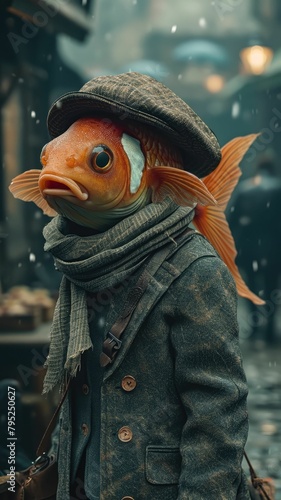 Sleek fish swims through the city currents, adorned in tailored elegance, a piscine ambassador of street style. The realistic urban backdrop blends aquatic allure with contemporary fashion in a captiv