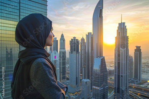 Successful, affluent, and content Middle Eastern businesswoman standing amidst modern skyscrapers in a bustling city at sunset, contemplating prosperous visions and new opportunities