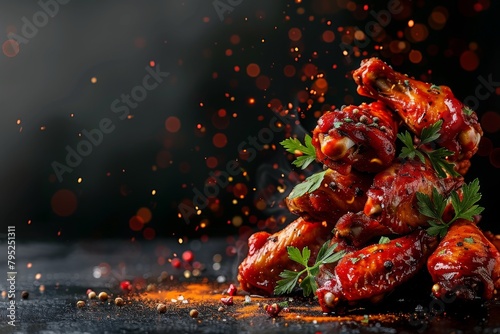 fresh chicken boned wings in buffalo barbeque, or spicy sauce with flying ingredients and spices hot ready to serve and eat food commercial advertisement menu banner with copy space, photography 
