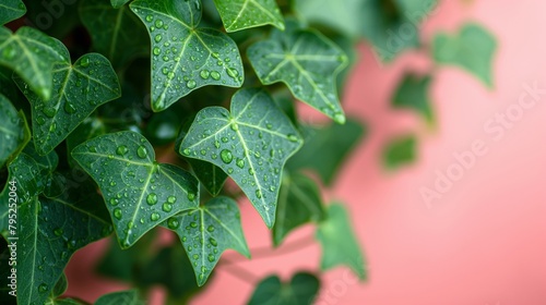 Close-up of invigorating green ivy leaves with sparkling water droplets against a soft pink background, symbolizing freshness and natural beauty