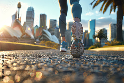 Urban jogging in a healthy lifestyle context, featuring a woman runner stretching her legs in preparation for a run against the backdrop of Sydney, Australia's cityscape