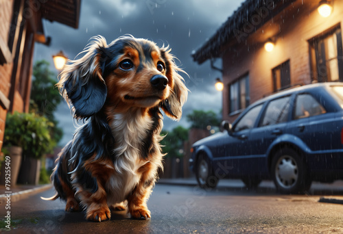 Little wet dog under rain. Generative AI