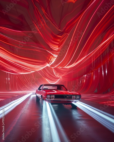 Classic Muscle Car, large white and red fabric waiving in the air, halo glow, light streak, leonardo da vinci photography, OMG its awesome