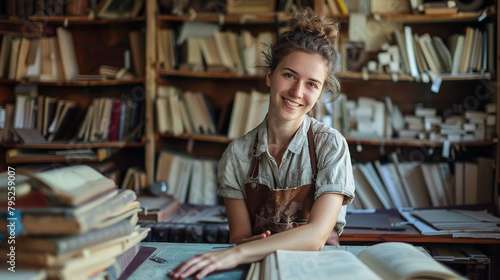 Young Bookbinder At Her Workplace, Crafting Handmade Books In A Traditional Bindery Setting