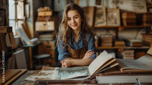 Young Bookbinder At Her Workplace, Crafting Handmade Books In A Traditional Bindery Setting