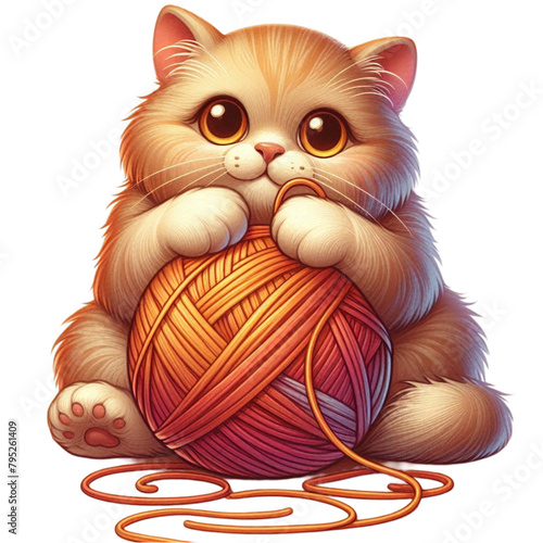 a cute kawaii ginger cat with a ball of yarn