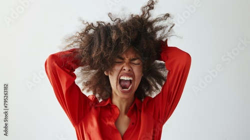 Frustrated, yelling black woman with tension, fury, and mistake against white studio background. Female model, shouter, mental health failure, emotion or depression problem