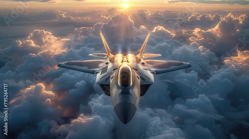 An airplane, more precisely an F22 Raptor, flies across a cloudy sky