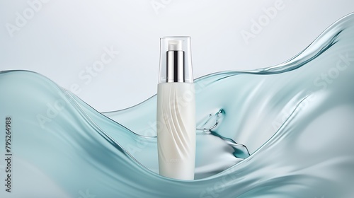Bottle of moisturizer with slashes and waves on light pastel background, hydrating natural face cream or lotion for healthy skin care