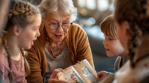 Photo of granny, surrounded by grandchildren, smiling, looking at album, multi-generational family theme.