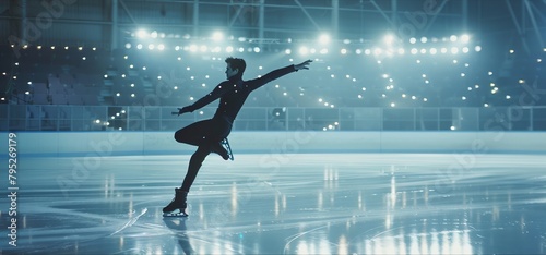 Creative poster with sportive teen boy, man, male, junior female figure skater skating over blue background with neon polygonal elements. Professional sport, beauty, winter sports. figure skating
