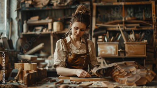 Female Wood Sculptor Works In The Workshop, Crafting Wooden Art Pieces And Furniture