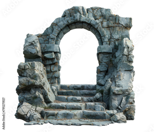 Stone building with steps and arched entrance isolated on white transparent background. Entrance to another lost world. Stone portal teleport. Ancient antique stone ruins