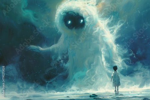 A massive spirit materialized from an alternate reality and extended its hand towards the young kid, showcasing a digital artwork approach in painting.