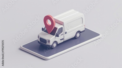 Delivery van on top of smartphone with location pin, delivery concept, mobile app, logistics.