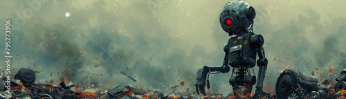 A black android with a cybernetic limb is depicted amidst a mound of machinery components in a digital artwork created in an illustrative painting style.