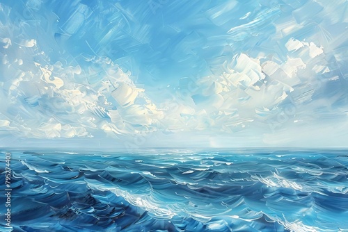 serene seascape tranquil blue ocean waves beneath wispy clouds oil painting