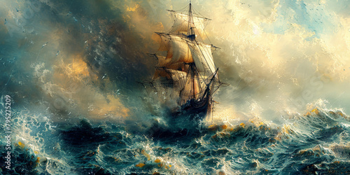 A pirate ship sails on stormy sea,