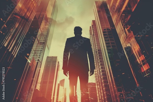 silhouette of confident businessman standing tall among towering skyscrapers digital art