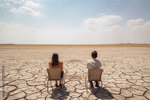 A man and woman sit on chairs facing a seemingly endless, cracked desert, contemplating the vastness before them. Couple Contemplating Vast Desert Landscape