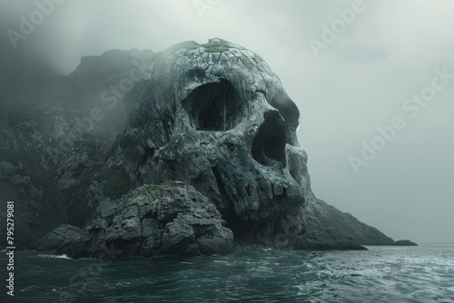 Stone hill in the shape of a giant skull on a pirate island, fantasy concept.