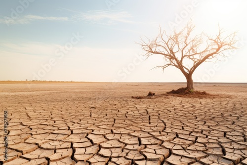 A single, leafless tree stands in the center of a cracked, barren landscape. Solitary Tree on Cracked Desert Ground