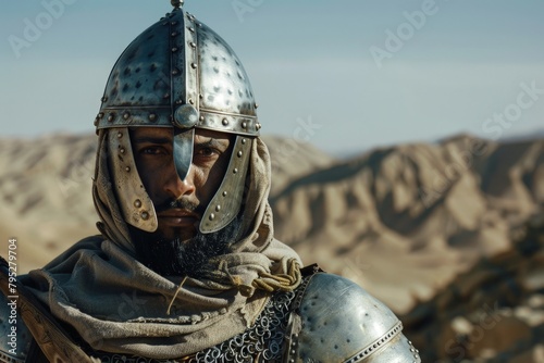 Medieval era Persian soldier, desert in the background.