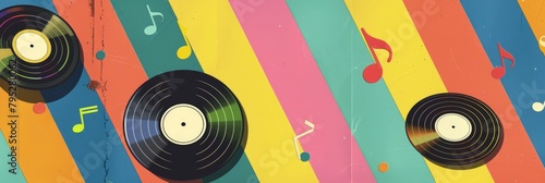 Retro 80s vinyl record on colorful background, music and nostalgia concept.