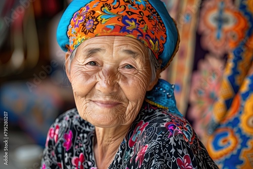 Portrait of an old Asian woman. Senior Kyrgyz lady sitting on a bazar with a patterned carpet on the background. Pensioners of Kyrgyz Republic. Wrinkled face of Uzbek mountain village citizen