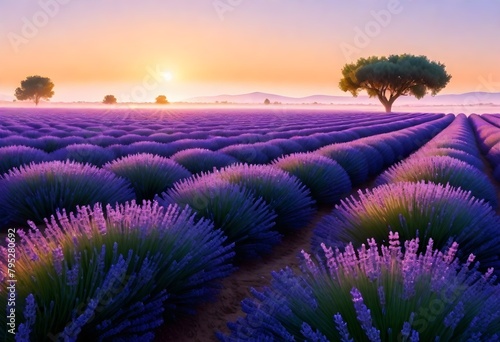 A highly realistic 8k sunrise over a lavender fiel