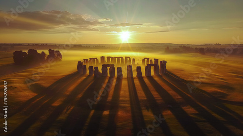 Sunrise Serenity at Stonehenge. The first rays of sunlight spread over Stonehenge, casting long shadows on the ground and enveloping the ancient stones in a peaceful, golden aura.
