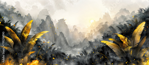 Traditional Asian ink painting depicting misty mountains with delicate foliage accents. 