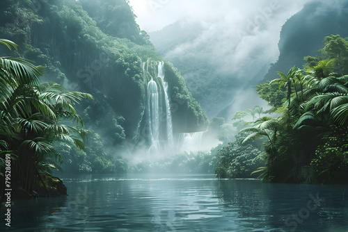 A long river flowing through lush green mountains with a dense rainforest and a beautiful waterfall.